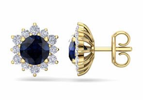 2 Carat Round Shape Flower Sapphire & Diamond Halo Stud Earrings In 14K Yellow Gold (2.20 G),  By SuperJeweler