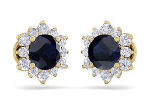 2 Carat Round Shape Flower Sapphire & Diamond Halo Stud Earrings In 14K Yellow Gold (2.20 G),  By SuperJeweler