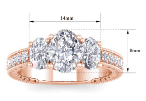 2.5 Carat Moissanite Oval Shape Three Stone Engagement Ring In 14K Rose Gold (4.60 G), E/F Color By SuperJeweler
