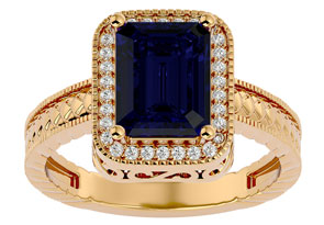 2.5 Carat Antique Style Sapphire & 30 Diamond Ring In 14K Yellow Gold (4.50 G), , Size 4 By SuperJeweler