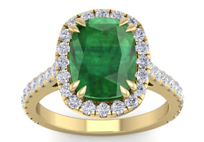 4 1/2 Carat Cushion Cut Zambian Emerald & 40 Diamond Ring In 14K Yellow Gold (4.30 G), I-J, Size 4 By SuperJeweler