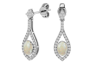 2 Carat Oval Shape Opal & Diamond Dangle Earrings In 14K White Gold (4 G) (J-K, I1-I2) By SuperJeweler