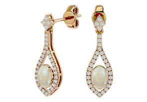 2 Carat Oval Shape Opal & Diamond Dangle Earrings In 14K Yellow Gold (4 G) (J-K, I1-I2) By SuperJeweler