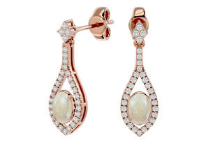 2 Carat Oval Shape Opal & Diamond Dangle Earrings In 14K Rose Gold (4 G) (J-K, I1-I2) By SuperJeweler