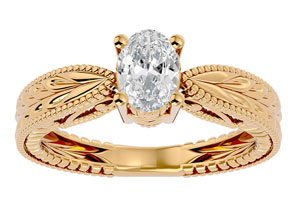 3/4 Carat Oval Shape Moissanite Solitaire Engagement Ring W/ Tapered Etched Band In 14K Yellow Gold (4 G), E/F By SuperJeweler