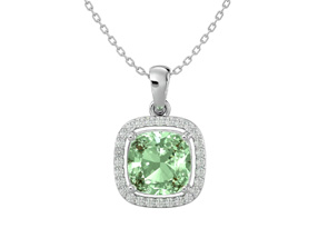 2 1/4 Carat Cushion Cut Green Amethyst & Halo Diamond Necklace In 14K White Gold (3.30 G), 18 Inches, I/J By SuperJeweler
