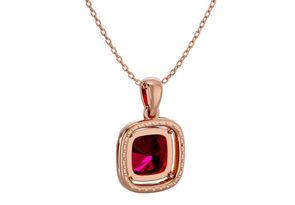 3 1/4 Carat Cushion Cut Ruby & Halo Diamond Necklace In 14K Rose Gold (3.30 G), 18 Inches, I/J By SuperJeweler