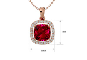 3 1/4 Carat Cushion Cut Ruby & Halo Diamond Necklace In 14K Rose Gold (3.30 G), 18 Inches, I/J By SuperJeweler
