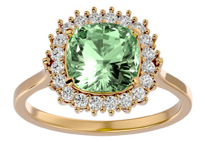 2.5 Carat Cushion Cut Green Amethyst & Halo 20 Diamond Ring In 14K Yellow Gold (4 G), I-J, Size 4 By SuperJeweler