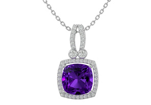 3 Carat Cushion Cut Amethyst & Halo Diamond Necklace In 14K White Gold (5.50 G), 18 Inches, I/J By SuperJeweler
