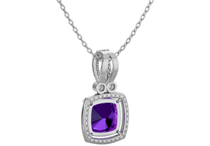 3 Carat Cushion Cut Amethyst & Halo Diamond Necklace In 14K White Gold (5.50 G), 18 Inches, I/J By SuperJeweler