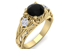 1.25 Carat Round Shape Black Moissanite Intricate Vine Engagement Ring In 14K Yellow Gold (4 G) By SuperJeweler