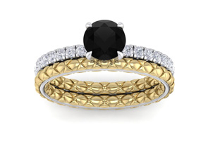1.5 Carat Round Shape Black Moissanite Bridal Ring Set In Quilted 14K White & Yellow Gold (5.80 G), E/F, Size 4 By SuperJeweler