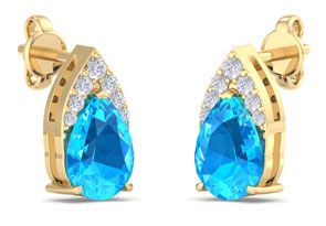 1 3/4 Carat Pear Shape Blue Topaz & Diamond Earrings In 14K Yellow Gold (1.4 G) (, I1-I2 Clarity Enhanced) By SuperJeweler