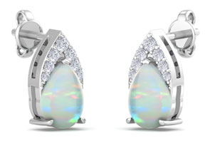 1 3/4 Carat Pear Shape Opal & Diamond Earrings In 14K White Gold (1.4 G) (I-J, I1-I2) By SuperJeweler