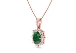 1-1/3 Carat Oval Shape Emerald Cut Necklaces W/ Diamond Halo In 14K Rose Gold (3.5 G), 18 Inch Chain (I-J, I1-I2) By SuperJeweler