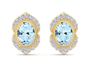 2 Carat Oval Shape Aquamarine & Diamond Earrings In 14K Yellow Gold (2.5 G), I/J By SuperJeweler