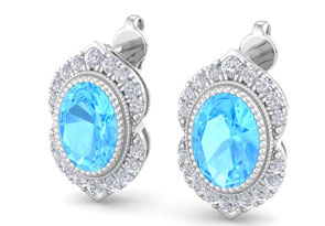 2.5 Carat Oval Shape Blue Topaz & Diamond Earrings In 14K White Gold (2.5 G), I/J By SuperJeweler