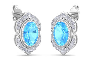 2.5 Carat Oval Shape Blue Topaz & Diamond Earrings In 14K White Gold (2.5 G), I/J By SuperJeweler