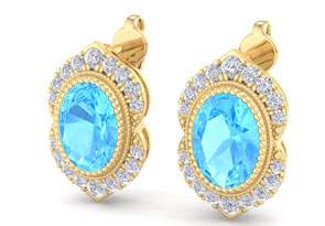 2.5 Carat Oval Shape Blue Topaz & Diamond Earrings In 14K Yellow Gold (2.5 G), I/J By SuperJeweler