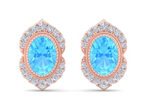 2.5 Carat Oval Shape Blue Topaz & Diamond Earrings In 14K Rose Gold (2.5 G), I/J By SuperJeweler