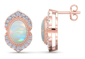 2 Carat Oval Shape Opal & Diamond Earrings In 14K Rose Gold (2.5 G) (I-J, I1-I2) By SuperJeweler