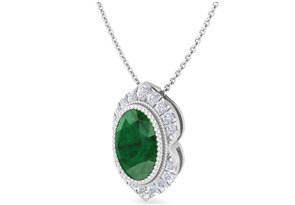 1-1/5 Carat Oval Shape Emerald Cut Necklaces W/ Diamond Halo In 14K White Gold (3.5 G), 18 Inch Chain (I-J, I1-I2) By SuperJeweler