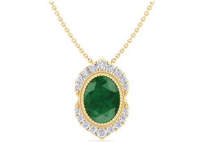 1-1/5 Carat Oval Shape Emerald Cut Necklaces W/ Diamond Halo In 14K Yellow Gold (3.5 G), 18 Inch Chain (I-J, I1-I2) By SuperJeweler