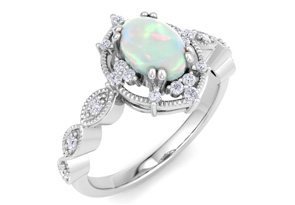 1 Carat Opal Ring W/ Fancy Halo Diamonds In 14K White Gold (3 G), I-J, Size 4 By SuperJeweler