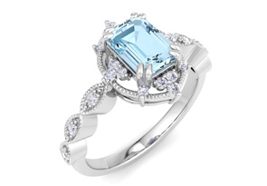 1 Carat Aquamarine & Halo 22 Diamond Ring In 14K White Gold (3 G), I-J, Size 4 By SuperJeweler