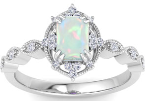 1 Carat Opal & Halo 22 Diamond Ring In 14K White Gold (3 G), I-J, Size 4 By SuperJeweler