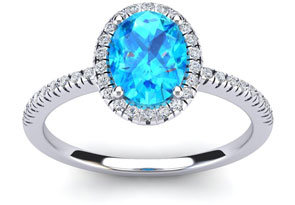 1.5 Carat Oval Shape Blue Topaz & Halo 40 Diamond Ring In Sterling Silver, I-J, Size 4 By SuperJeweler