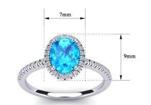 1.5 Carat Oval Shape Blue Topaz & Halo 40 Diamond Ring In Sterling Silver, I-J, Size 4 By SuperJeweler