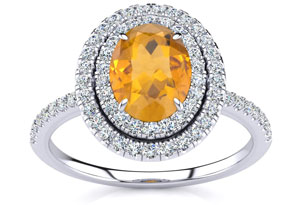1.5 Carat Oval Shape Citrine & Double Halo 70 Diamond Ring In Sterling Silver, I-J, Size 4 By SuperJeweler