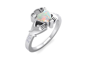 1 Carat Heart Shape Created Opal & Diamond Claddagh Ring In Sterling Silver, I-J, Size 4 By SuperJeweler