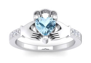 1 Carat Heart Shape Aquamarine & Diamond Claddagh Ring In Sterling Silver, I-J, Size 4 By SuperJeweler