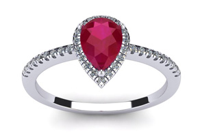 1 Carat Pear Shape Created Ruby & Halo 36 Diamond Ring In Sterling Silver, I-J, Size 4 By SuperJeweler