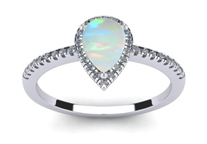 1 Carat Pear Shape Created Opal & Halo 36 Diamond Ring In Sterling Silver, I-J, Size 4 By SuperJeweler