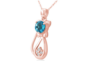 1 Carat Blue Topaz & Diamond Cat Pendant Necklace In 10k Rose Gold (2.3 G), I/J, 18 Inch Chain By SuperJeweler