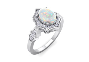 1.5 Carat Oval Shape Created Opal & Halo 26 Diamond Ring In Sterling Silver, I-J, Size 4 By SuperJeweler