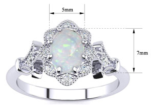 1 Carat Oval Shape Created Opal & Halo 10 Diamond Ring In Sterling Silver, I-J, Size 4 By SuperJeweler