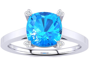 2 Carat Cushion Cut Blue Topaz & Diamond Ring In 10K White Gold (2.50 G), I/J By SuperJeweler
