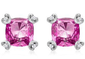 2 Carat Cushion Cut Pink Topaz & Diamond Earrings In 10K White Gold (1.6 G), I/J By SuperJeweler