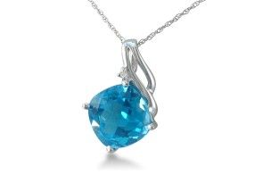 5 Carat Cushion Cut Blue Topaz & Diamond Pendant Necklace In 10k White Gold (2.5 G), I/J, 18 Inch Chain By SuperJeweler