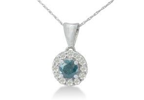 3/4 Carat White & Blue Diamond Halo Pendant Necklace In 14k White Gold (1.9 G), H/I, 18 Inch Chain By SuperJeweler