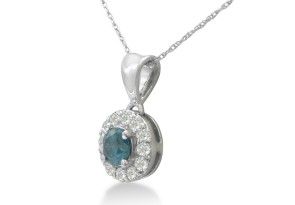 3/4 Carat White & Blue Diamond Halo Pendant Necklace In 14k White Gold (1.9 G), H/I, 18 Inch Chain By SuperJeweler