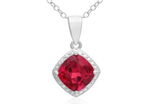 Cushion Cut 1.5 Carat Created Ruby & Diamond Pendant Necklace, J/K, 18 Inch Chain In Sterling Silver By SuperJeweler