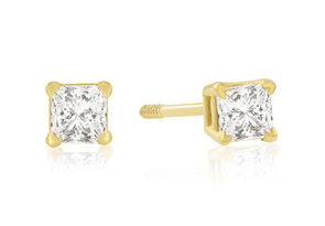 1/4 Carat Princess Cut Diamond Stud Earrings In 14k Yellow Gold, G/H By Hansa