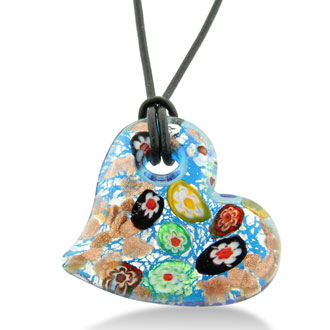 Multicolored Murano Glass Heart Shaped Flower Pendant on 19 Inch Black ...