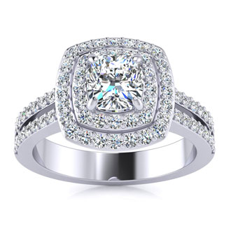 1.50-carat Halo Engagement Ring with a 3/4-carat Cushion Cut Center Diamond in 14k White Gold